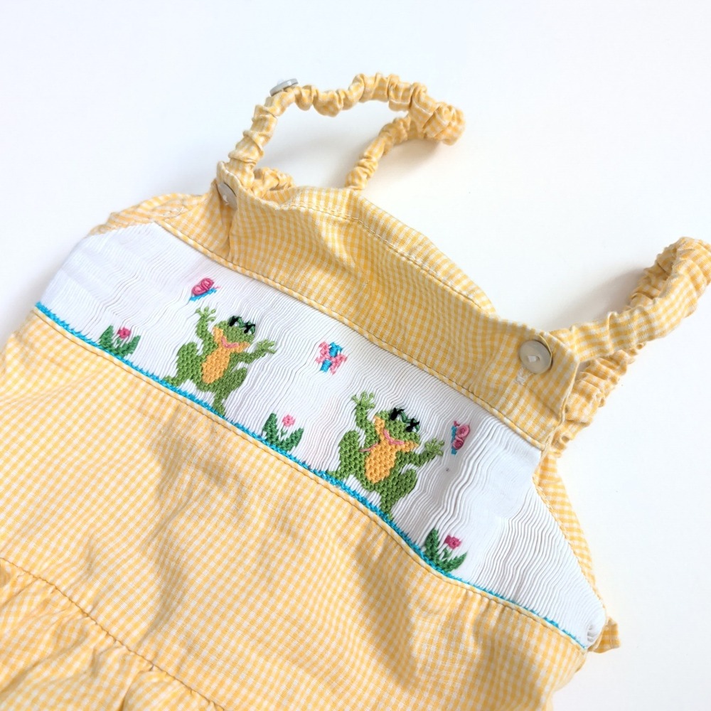 Silly Goose Baby Girl Yellow Gingham Hand Smocked Frog Sunsuit Romper 12M